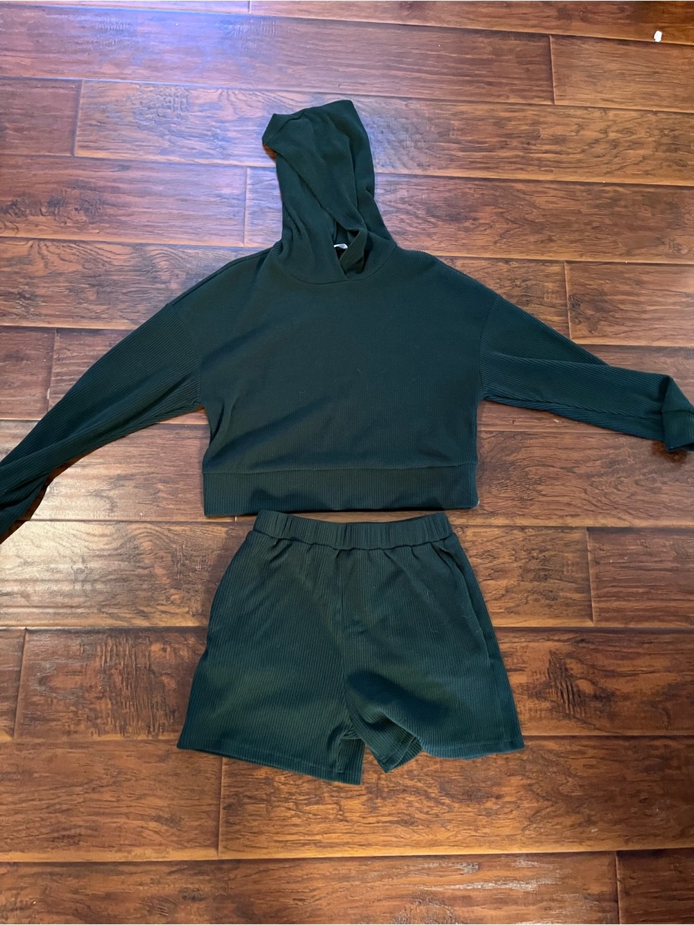 Dark Green Ribbed Hoodie & Shorts Set